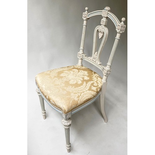 435 - SALON SIDE CHAIRS, a pair, French Louis XVI style grey painted with yellow silk brocade upholstery, ... 