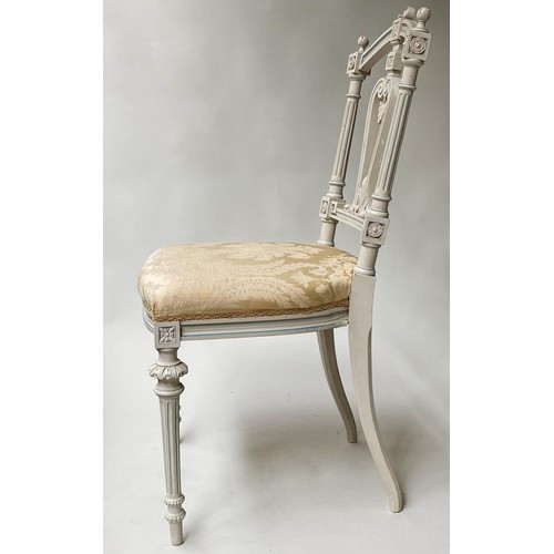 435 - SALON SIDE CHAIRS, a pair, French Louis XVI style grey painted with yellow silk brocade upholstery, ... 