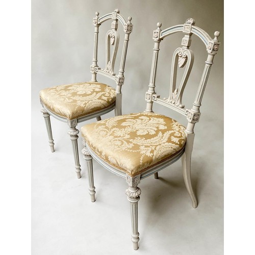 435 - SALON SIDE CHAIRS, a pair, French Louis XVI style grey painted with yellow silk brocade upholstery, ... 