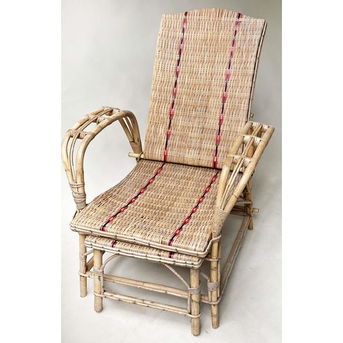 523 - CONSERVATORY/TERRACE LOUNGE ARMCHAIR, 73cm W, mid 20th century French, bamboo framed and red striped... 