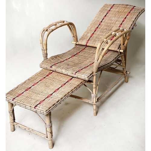 523 - CONSERVATORY/TERRACE LOUNGE ARMCHAIR, 73cm W, mid 20th century French, bamboo framed and red striped... 