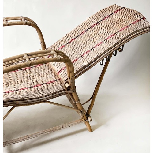 523 - CONSERVATORY/TERRACE LOUNGE ARMCHAIR, 73cm W, mid 20th century French, bamboo framed and red striped... 