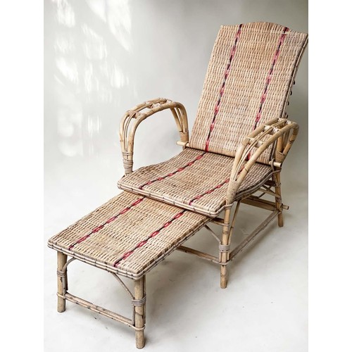 523 - CONSERVATORY/TERRACE LOUNGE ARMCHAIR, 73cm W, mid 20th century French, bamboo framed and red striped... 