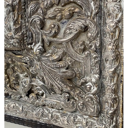 524 - WALL MIRROR, 111cm H x 95cm W, 19th century Dutch, cushion form, repoussé silvered metal, with bevel... 