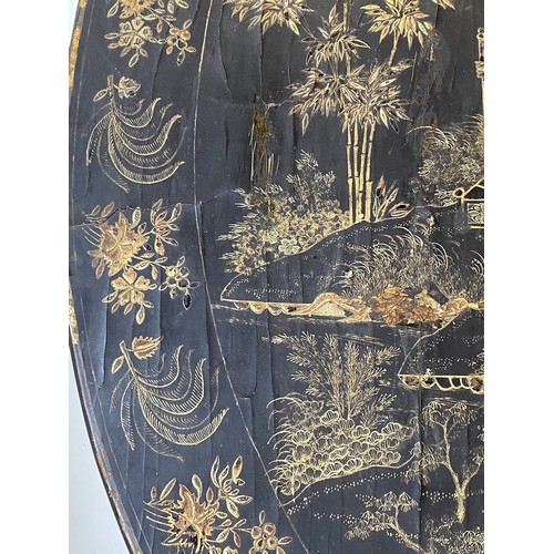 525 - CHINESE EXPORT BIRDCAGE CENTRE TABLE, 91cm W x 78cm H, 19th century circular black lacquered and gil... 