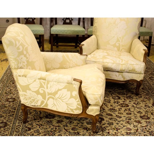 564 - BERGERES, a pair, 90cm H x 78cm W, Louis XV style with cushion seats in yellow damask. (2)