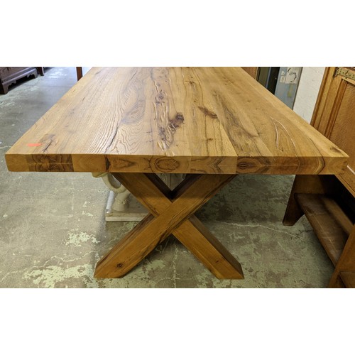 573 - FARMHOUSE TABLE, 75cm H x 241cm x 101cm, oak on X frame supports.