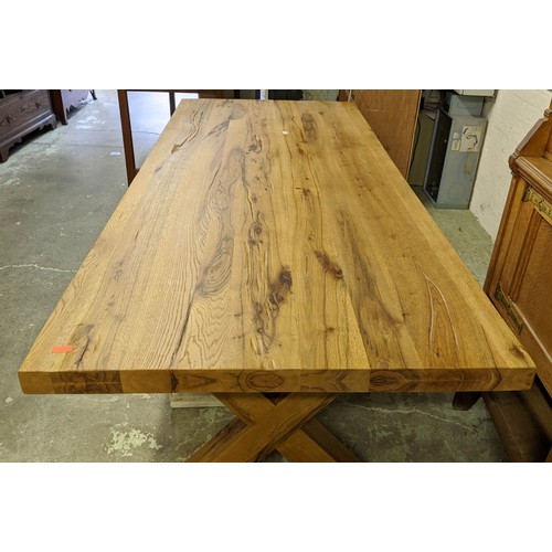 573 - FARMHOUSE TABLE, 75cm H x 241cm x 101cm, oak on X frame supports.