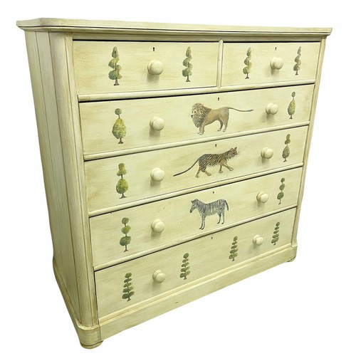 544 - VICTORIAN PAINTED CHEST, decorated with topiary and exotic animals, two short over four long drawers... 