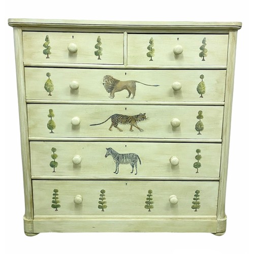 544 - VICTORIAN PAINTED CHEST, decorated with topiary and exotic animals, two short over four long drawers... 