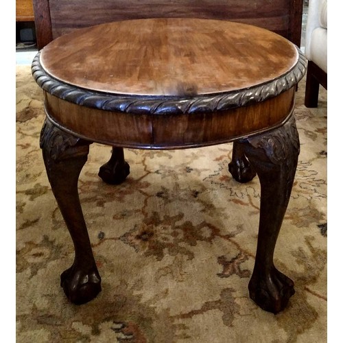 572 - LOW TABLE, George III style, oval top with pie crust border on cabriole legs with ball and claw feet... 