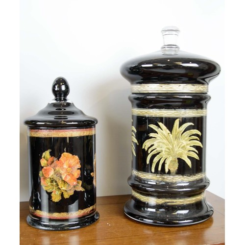 367 - LIDDED VASES, a set of six, tallest 50cm H, various forms, glass with black lining, decorated with p... 