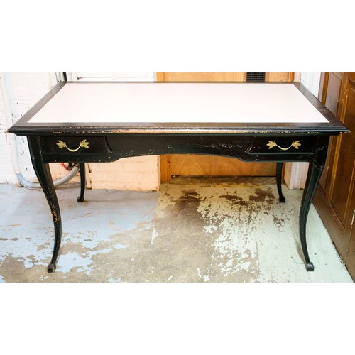 528 - BUREAU PLAT, 80cm D x 139cm W x 78cm H, ebonised wood with inset glass top above two small drawers o... 