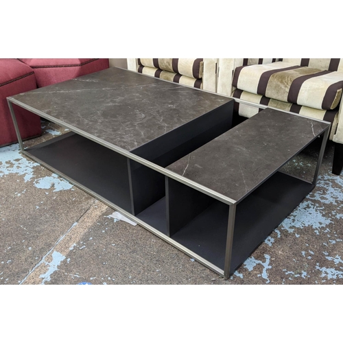 196 - LOW TABLE, 150cm x 80cm x 36cm, Contemporary design, assimilated marble top.