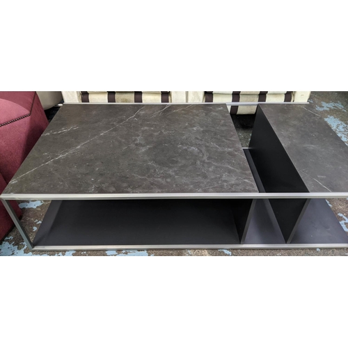 196 - LOW TABLE, 150cm x 80cm x 36cm, Contemporary design, assimilated marble top.