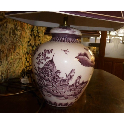 511 - TABLE LAMPS, a pair, 48cm H each decorated with figures and purple cream bordered shades and a pair ... 