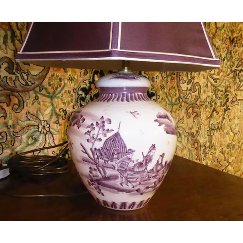 511 - TABLE LAMPS, a pair, 48cm H each decorated with figures and purple cream bordered shades and a pair ... 