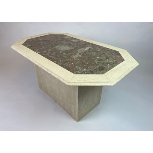 22 - MARBLE LOW TABLE, Italian, two tone marble top on plinth base, 56cm H x 111cm x 67cm.