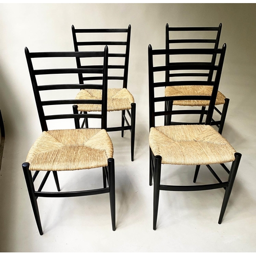 93 - GIO PONTI STYLE CHAIRS, a set of four, ebonised and rush scarlet, 90cm H. (4)