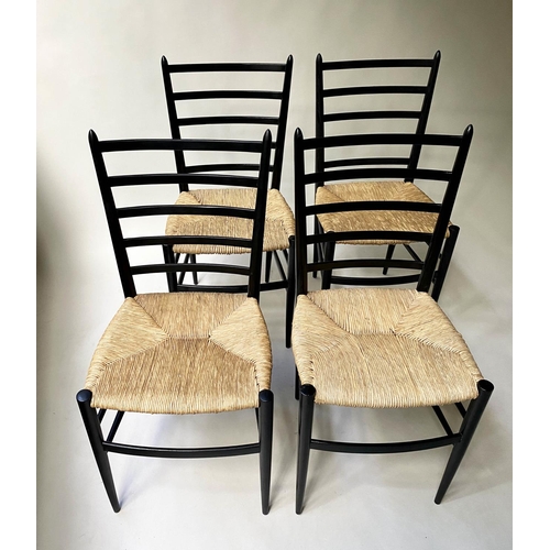 93 - GIO PONTI STYLE CHAIRS, a set of four, ebonised and rush scarlet, 90cm H. (4)