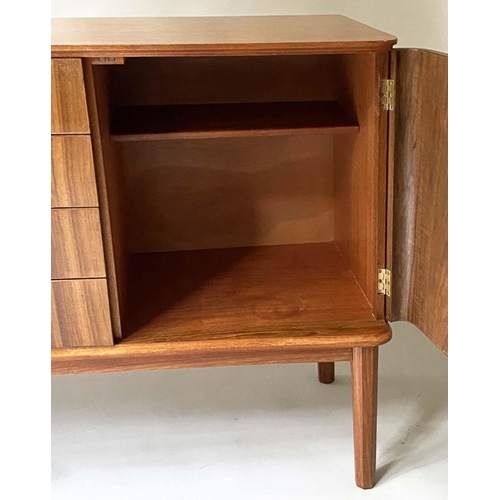 97 - GORDON RUSSELL STANWAY SIDEBOARD, 1960 teak and Indian Laurel, concave with four drawers flanked by ... 