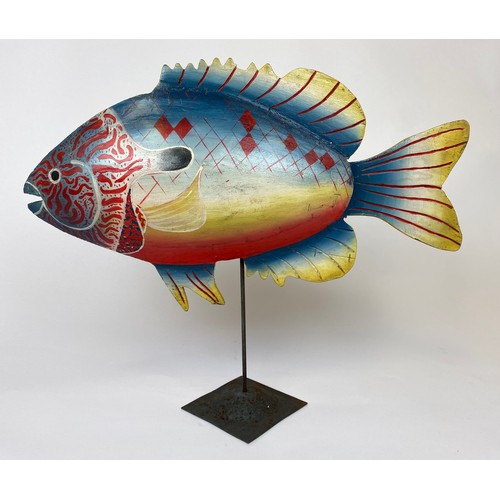 385 - PARROT FISH ON STAND, carved and painted wood on metal stand, 60cm x 50cm H.