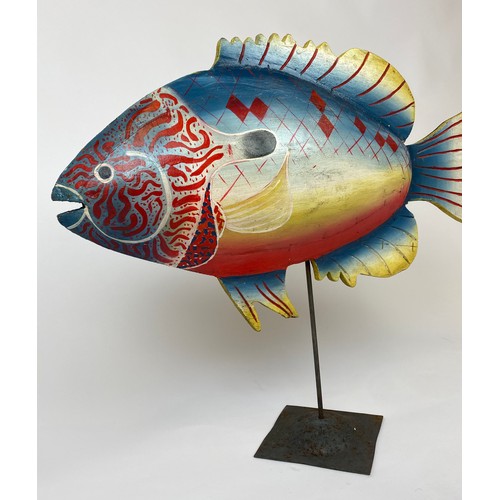 385 - PARROT FISH ON STAND, carved and painted wood on metal stand, 60cm x 50cm H.