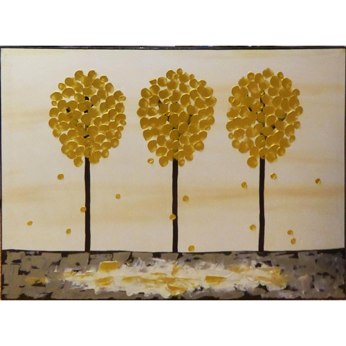 112 - PIERO MONTANELLI (Contemporary Italian) 'Three Golden Trees', acrylic on canvas, initialled lower ri... 