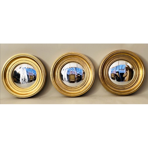 131 - CONVEX MIRRORS, three, gilt frames, 40cm x 40cm. (3)