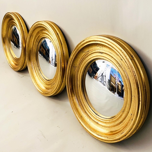 131 - CONVEX MIRRORS, three, gilt frames, 40cm x 40cm. (3)