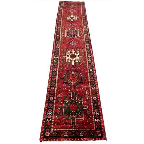 327 - FINE PERSIAN KARAJA RUNNER, 358cm x 78cm.