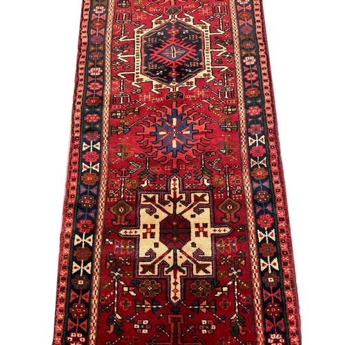 327 - FINE PERSIAN KARAJA RUNNER, 358cm x 78cm.