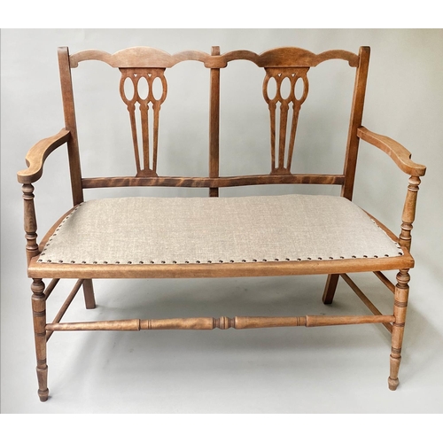 340 - HALL BENCH, 89cm H x 103cm W x 52cm D, Edwardian fruitwood and beech framed with studded linen seat.