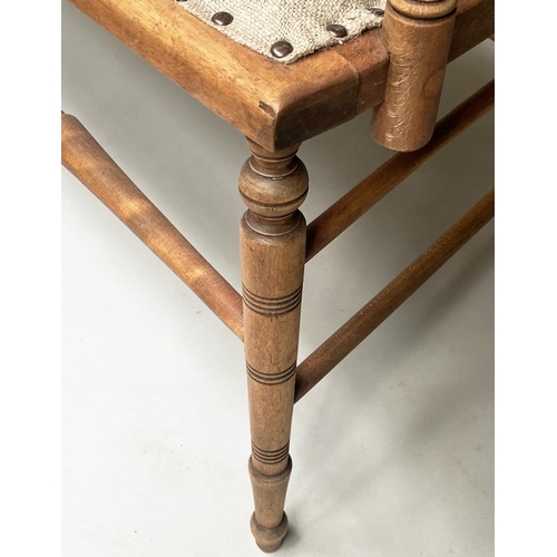 340 - HALL BENCH, 89cm H x 103cm W x 52cm D, Edwardian fruitwood and beech framed with studded linen seat.