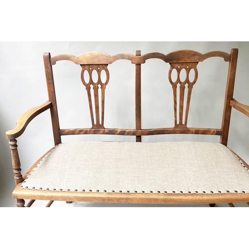 340 - HALL BENCH, 89cm H x 103cm W x 52cm D, Edwardian fruitwood and beech framed with studded linen seat.