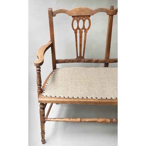 340 - HALL BENCH, 89cm H x 103cm W x 52cm D, Edwardian fruitwood and beech framed with studded linen seat.