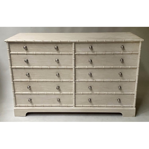 341 - LOW CHEST, pavilion style grey painted with ten drawers, 123cm x 50cm x 77cm H.