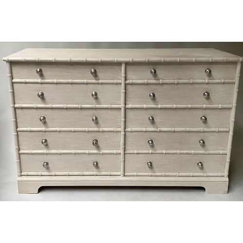 341 - LOW CHEST, pavilion style grey painted with ten drawers, 123cm x 50cm x 77cm H.