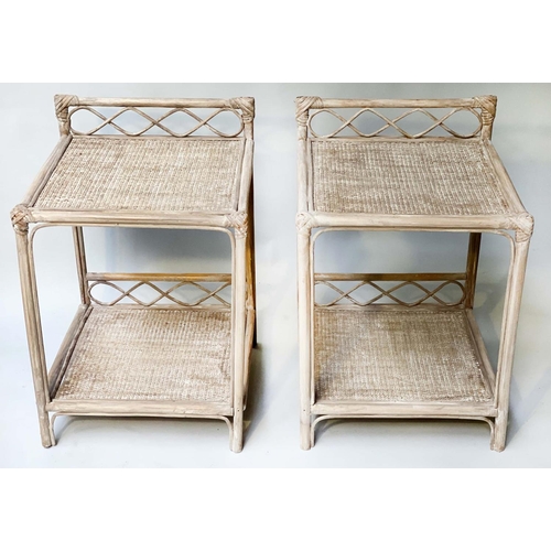 342 - LAMP/SIDE TABLES, a pair, rattan framed and wicker panelled with two tiers, 39cm x 39cm x 55cm H. (2... 