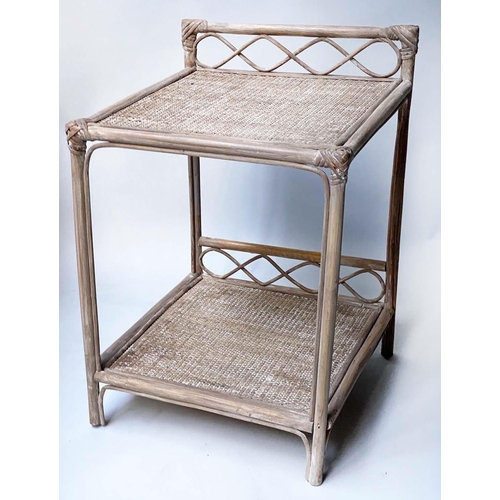 342 - LAMP/SIDE TABLES, a pair, rattan framed and wicker panelled with two tiers, 39cm x 39cm x 55cm H. (2... 