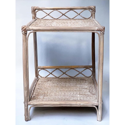 342 - LAMP/SIDE TABLES, a pair, rattan framed and wicker panelled with two tiers, 39cm x 39cm x 55cm H. (2... 