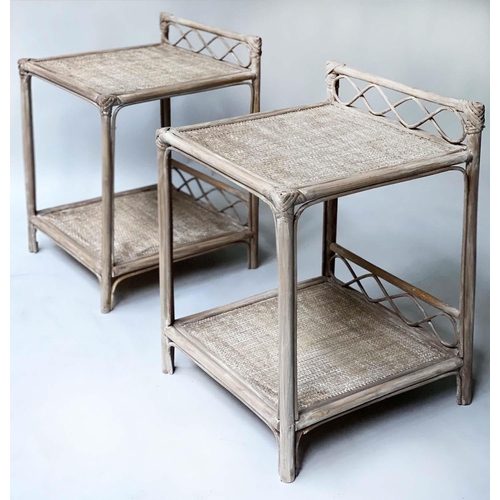 342 - LAMP/SIDE TABLES, a pair, rattan framed and wicker panelled with two tiers, 39cm x 39cm x 55cm H. (2... 