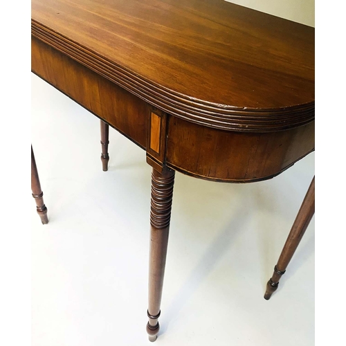 344 - TEA TABLE, Regency mahogany, D shaped foldover with satinwood inlay, 91cm x 45cm x 76cm H.