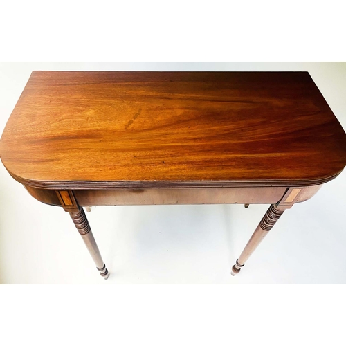 344 - TEA TABLE, Regency mahogany, D shaped foldover with satinwood inlay, 91cm x 45cm x 76cm H.