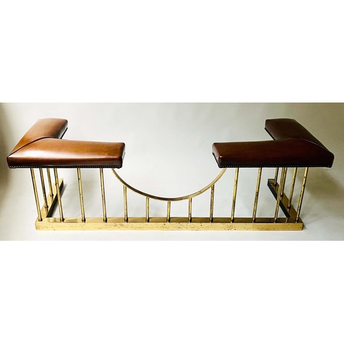 358 - CLUB FENDER, brown leather seat pads raised upon shaped brass balustrade, 160cm x 60cm x 48cm H.