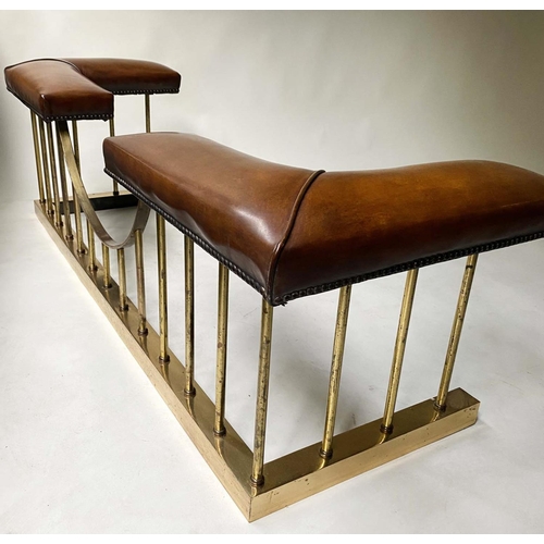 358 - CLUB FENDER, brown leather seat pads raised upon shaped brass balustrade, 160cm x 60cm x 48cm H.