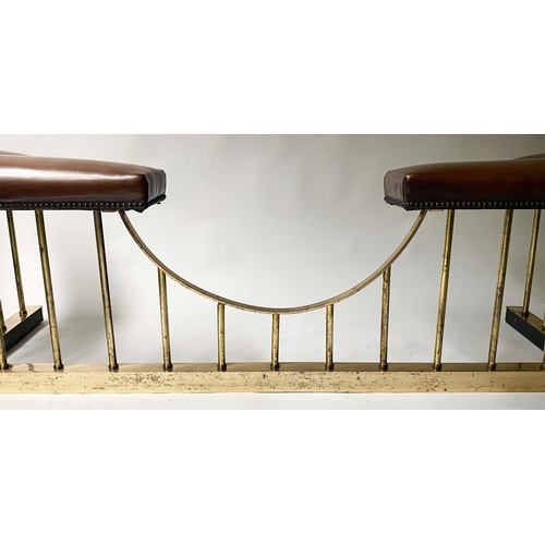 358 - CLUB FENDER, brown leather seat pads raised upon shaped brass balustrade, 160cm x 60cm x 48cm H.