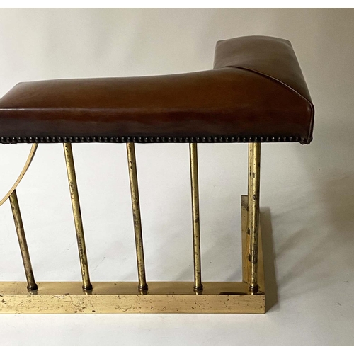 358 - CLUB FENDER, brown leather seat pads raised upon shaped brass balustrade, 160cm x 60cm x 48cm H.