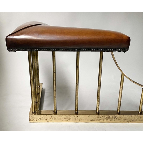 358 - CLUB FENDER, brown leather seat pads raised upon shaped brass balustrade, 160cm x 60cm x 48cm H.