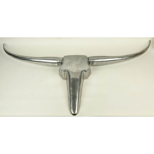 360 - POLISHED CHROME METAL BUFFALO HEAD, wall mounted sculpture, 50cm H x 125cm W.